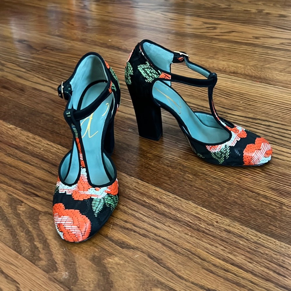 Anthropologie Paola d’Arcano T strap pumps with abstract floral pattern